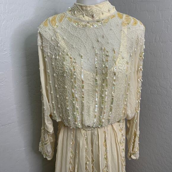 VTG Oleg Cassini Edwardian Silk Dress Wedding Ball Gown Glass Beaded Victorian - Picture 2 of 16